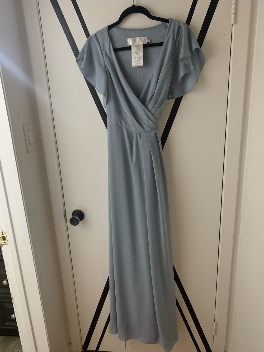 David's Bridal Dusty Blue Wrap Maxi Dress with Flutter Sleeves